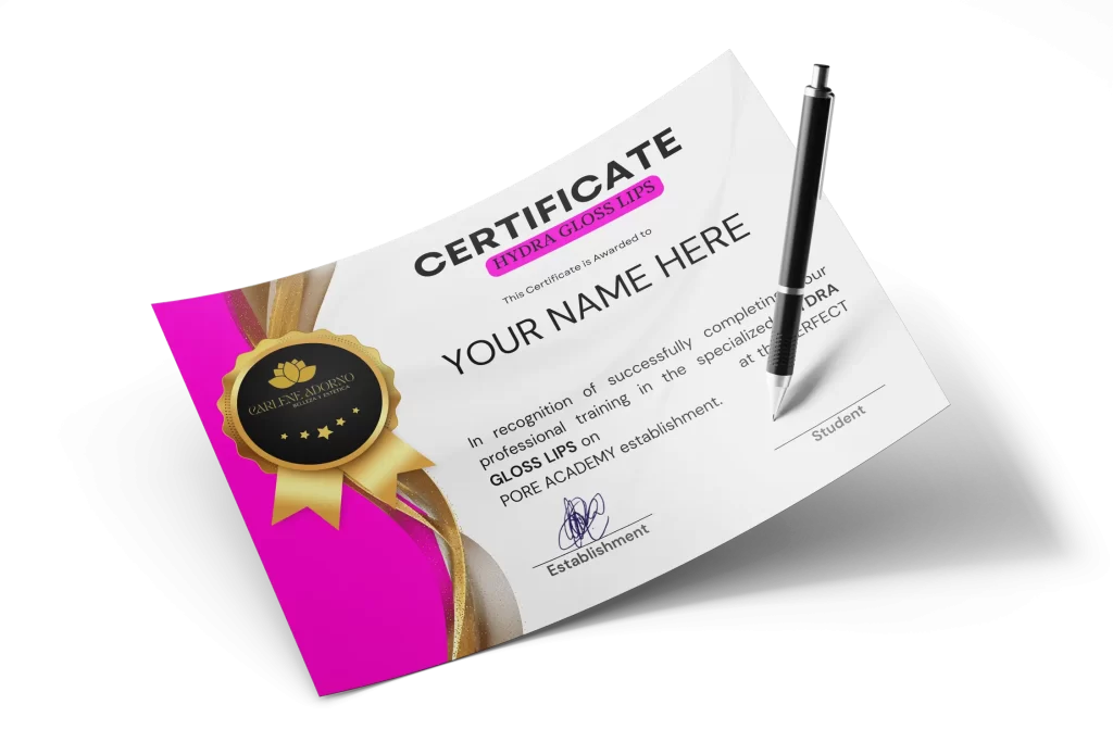 certificate of completion of the hydra gloss lips course.